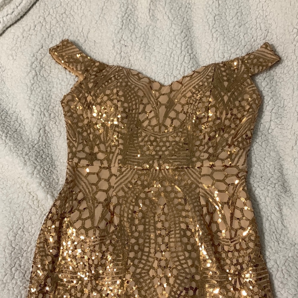 Gold Sequins Off the Shoulder Evening Gown
